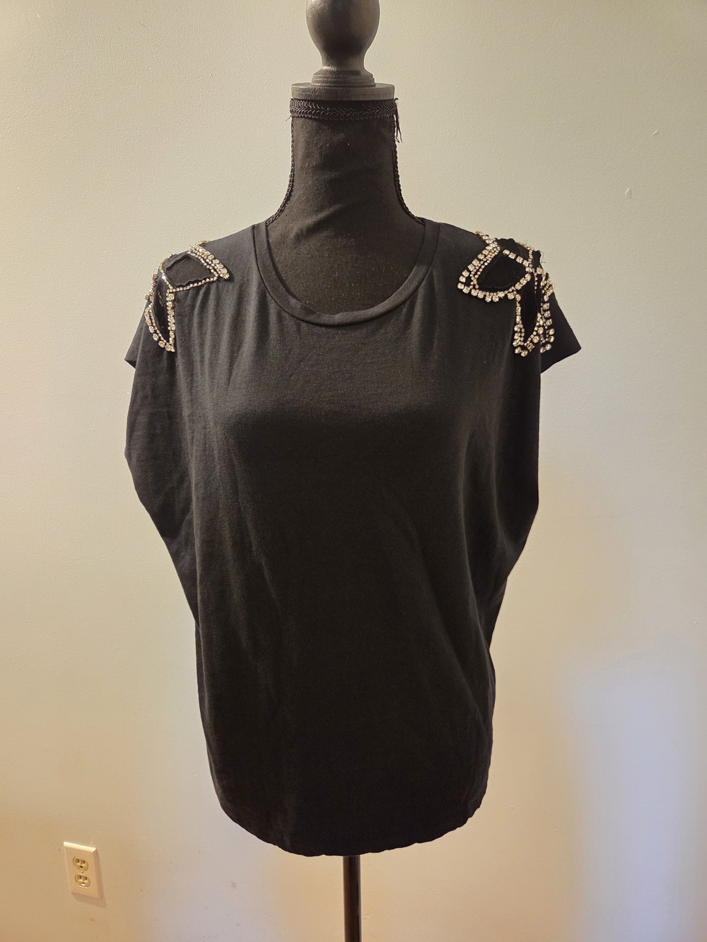 Anthropologie Women's Black Short-Sleeve Tee with Embellished Shoulders